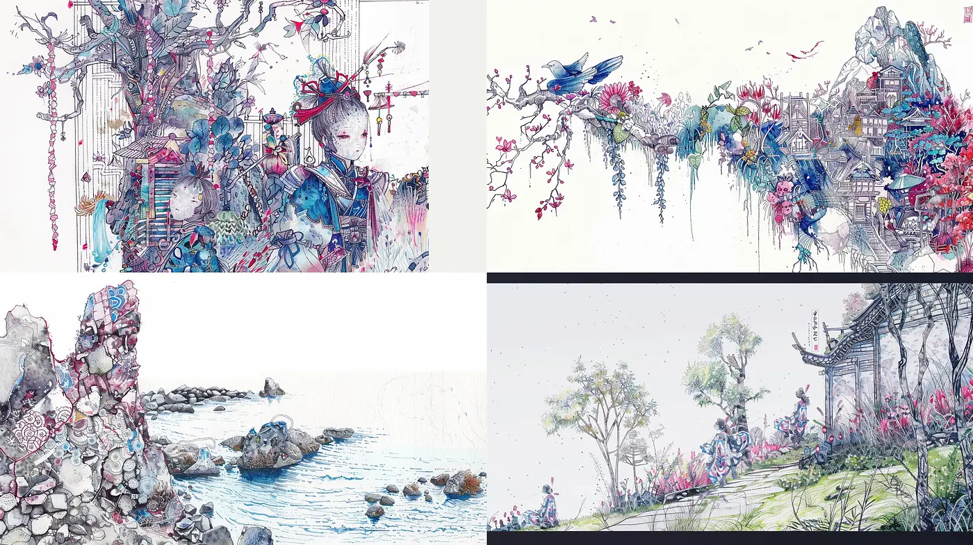 Whimsical Ink-Washed Dreamscapes: A Fusion of Traditional Asian Artistry and Ethereal Fantasy - Midjourney sref style