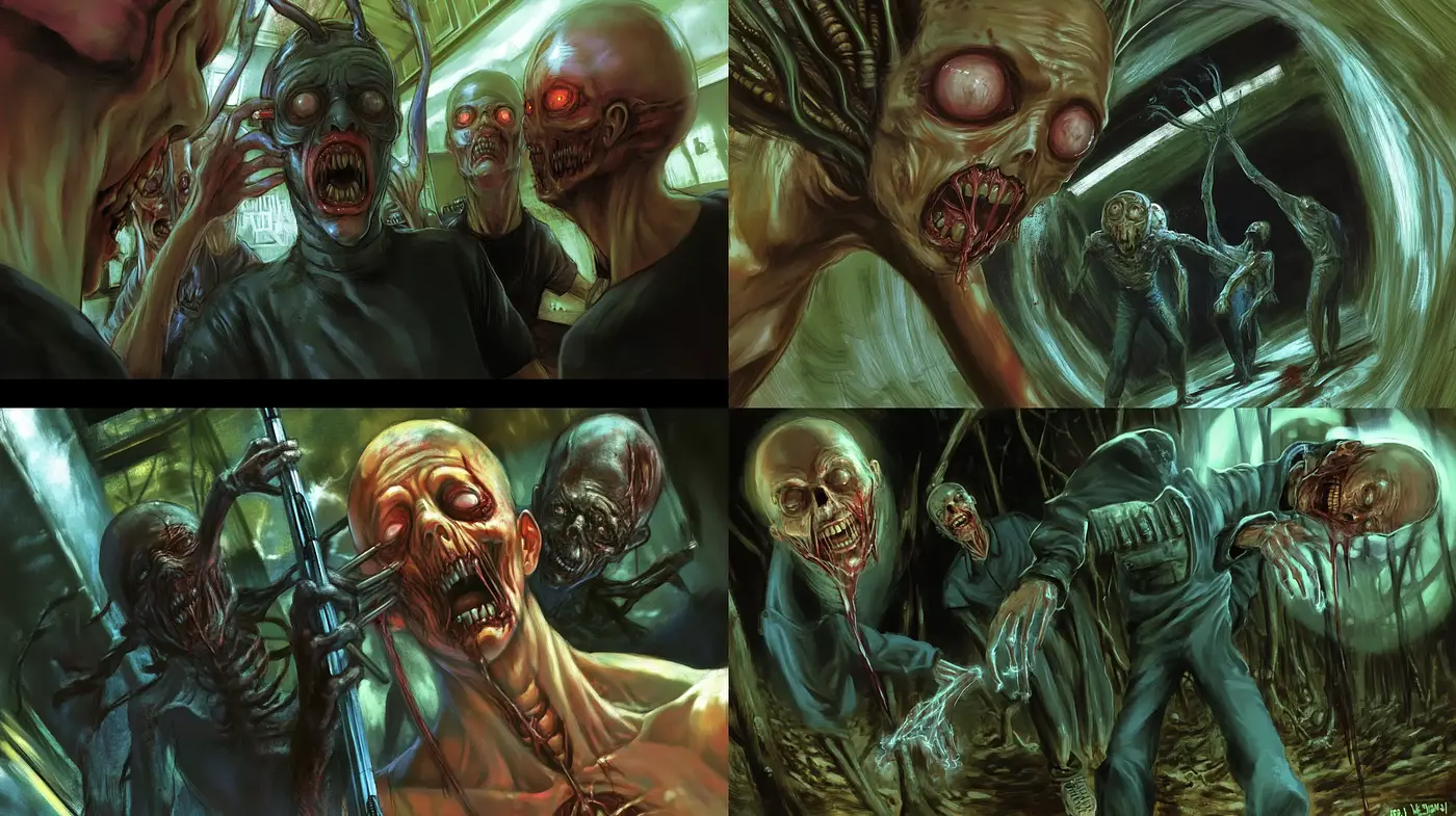 Eerie Hues of Macabre: A Fusion of Horror and Dark Fantasy Artistry - Midjourney sref style