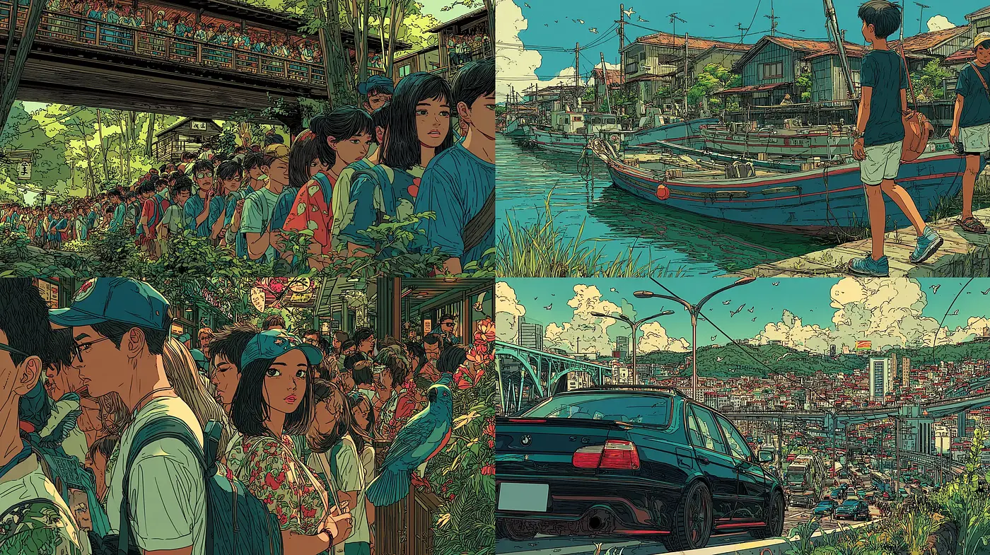Vibrant Urban Narrative with Dynamic Foreground and Background Interaction - Midjourney sref style