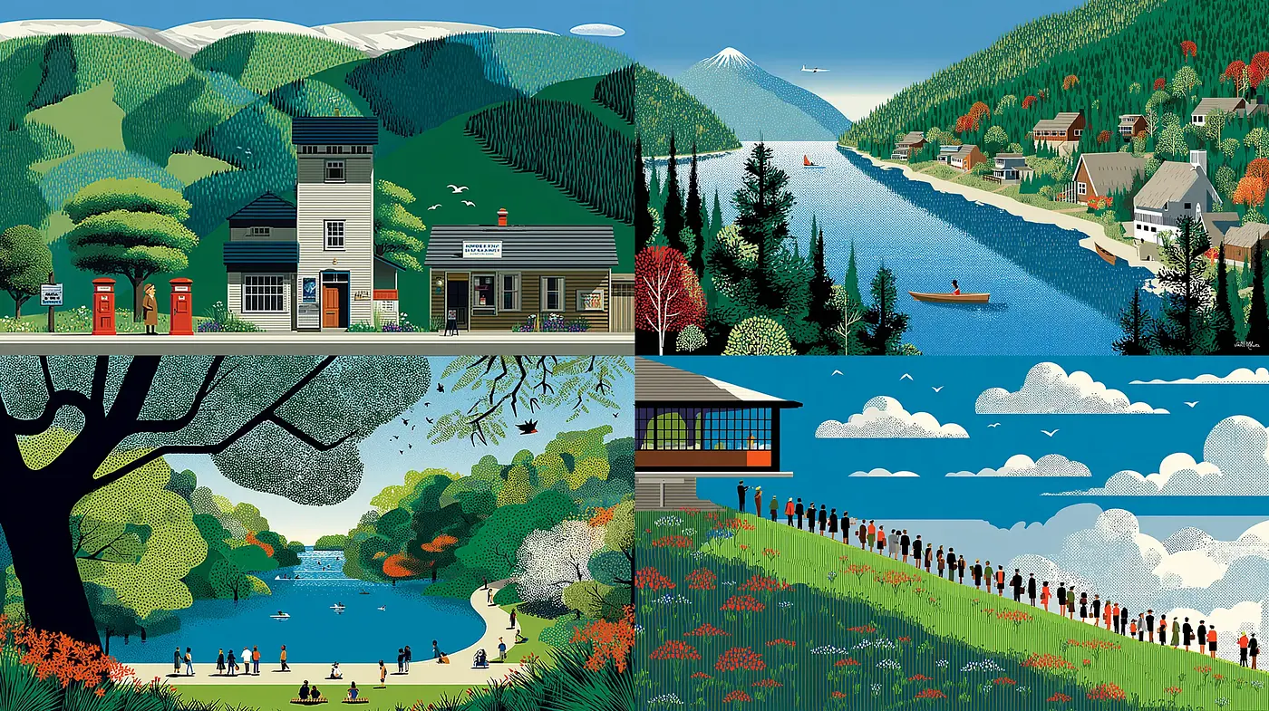 Vibrant Illustrative Landscapes with a Contemporary Retro Aesthetic and a Sense of Community - Midjourney sref style