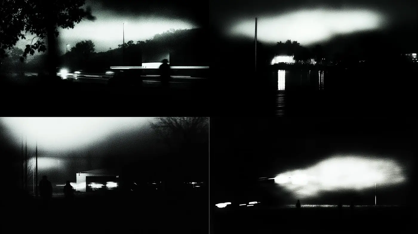 Nocturnal Hues: A Dance of Shadows and Light in Monochromatic Mystery - Midjourney sref style