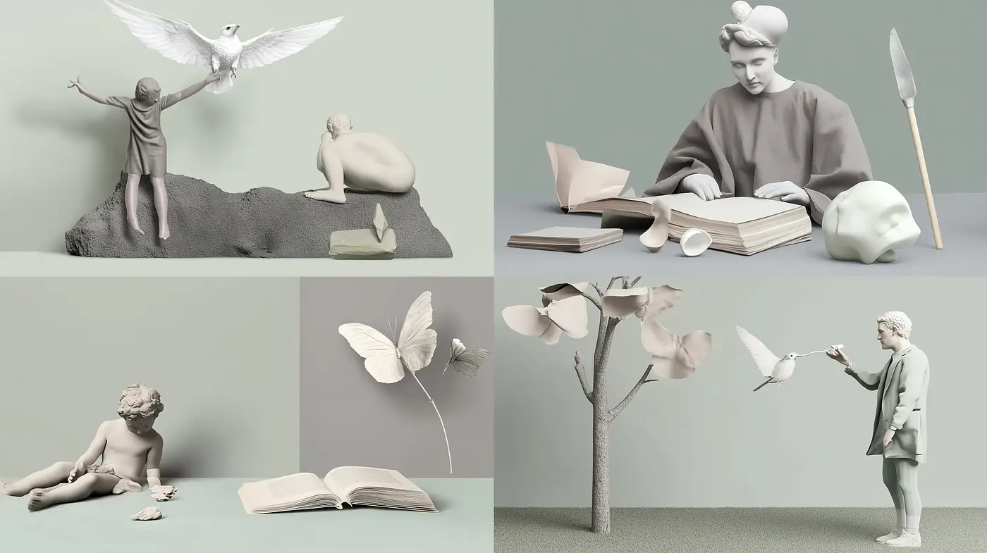 Ethereal Monochrome Whimsy: A Surrealistic Symbiosis of Nature and Humanity - Midjourney sref style