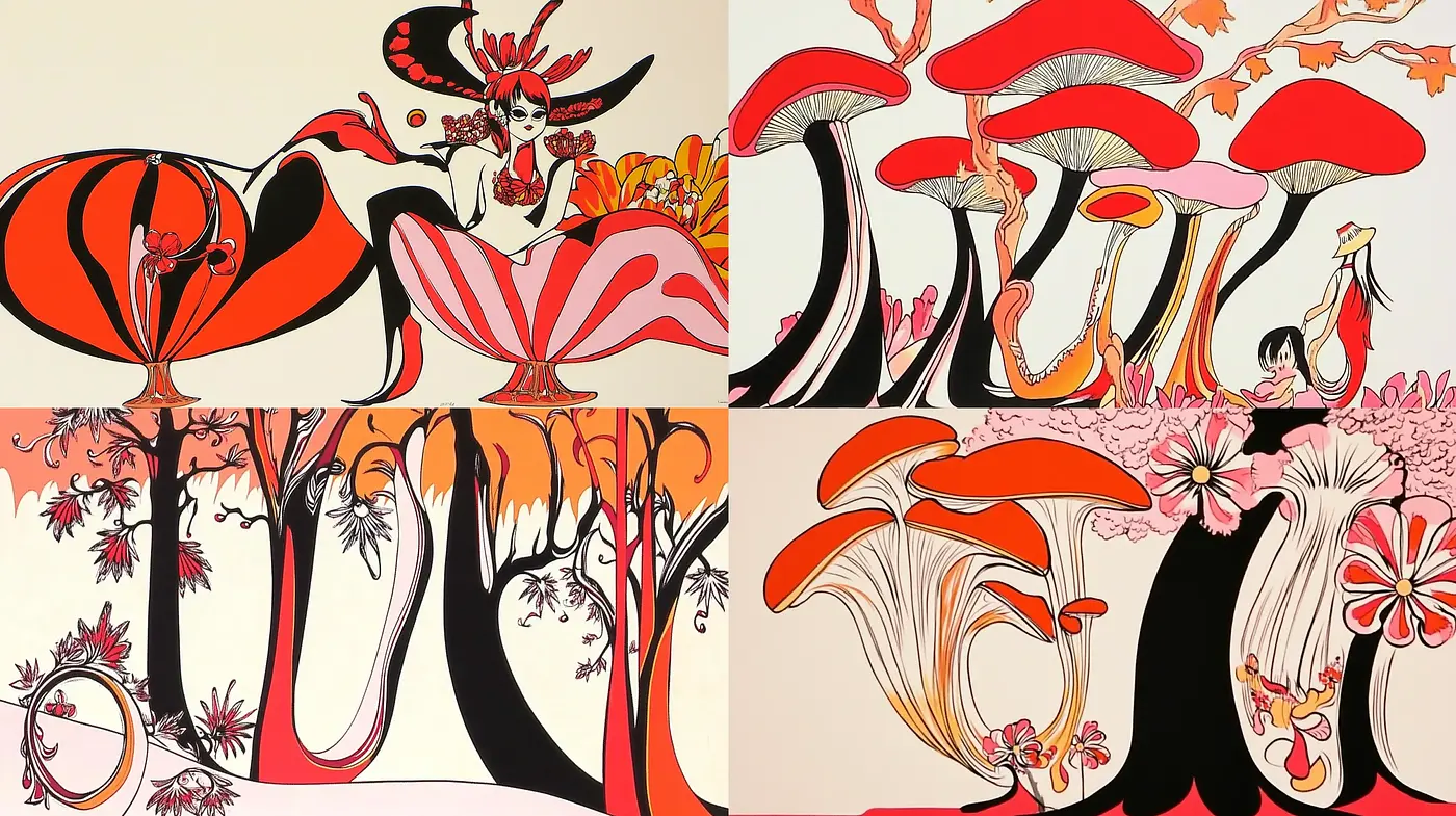 Elegant Botanical Silhouettes and Whimsical Fantasy in Bold Colors - Midjourney sref style