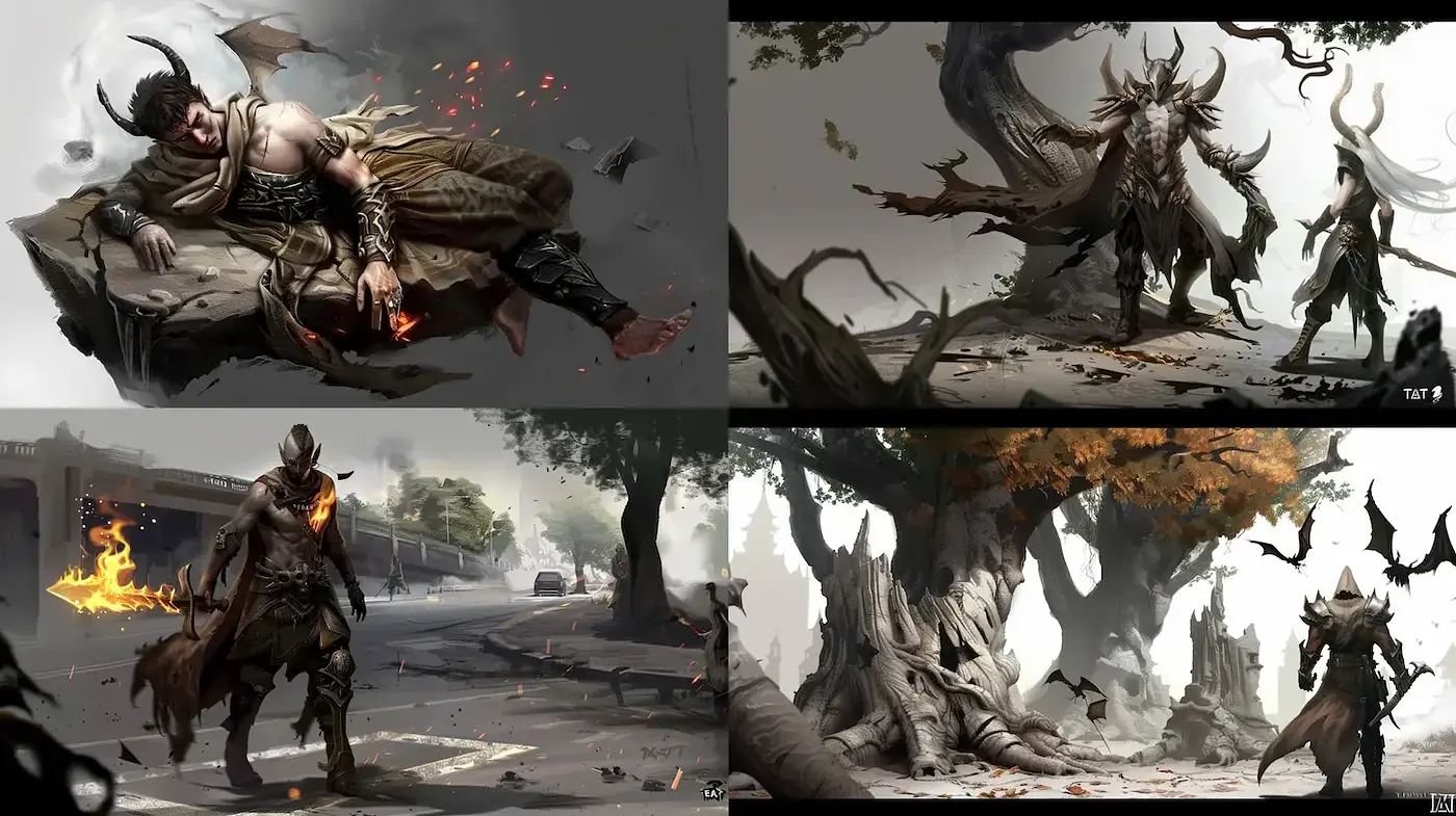 Dark and Moody Fantasy Illustration with Natural and Urban Elements - Midjourney sref style