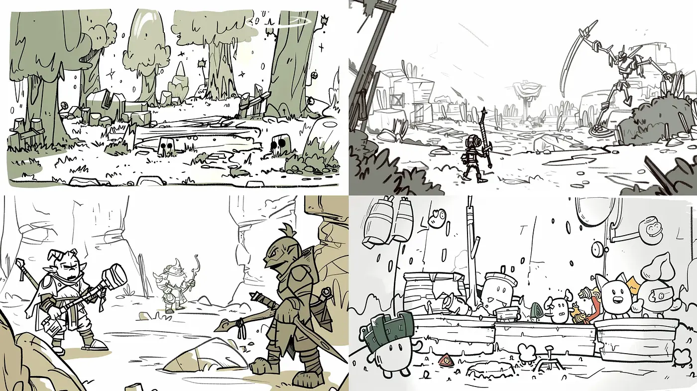 Stylized Monochrome Fantasy Sketches - Midjourney sref style