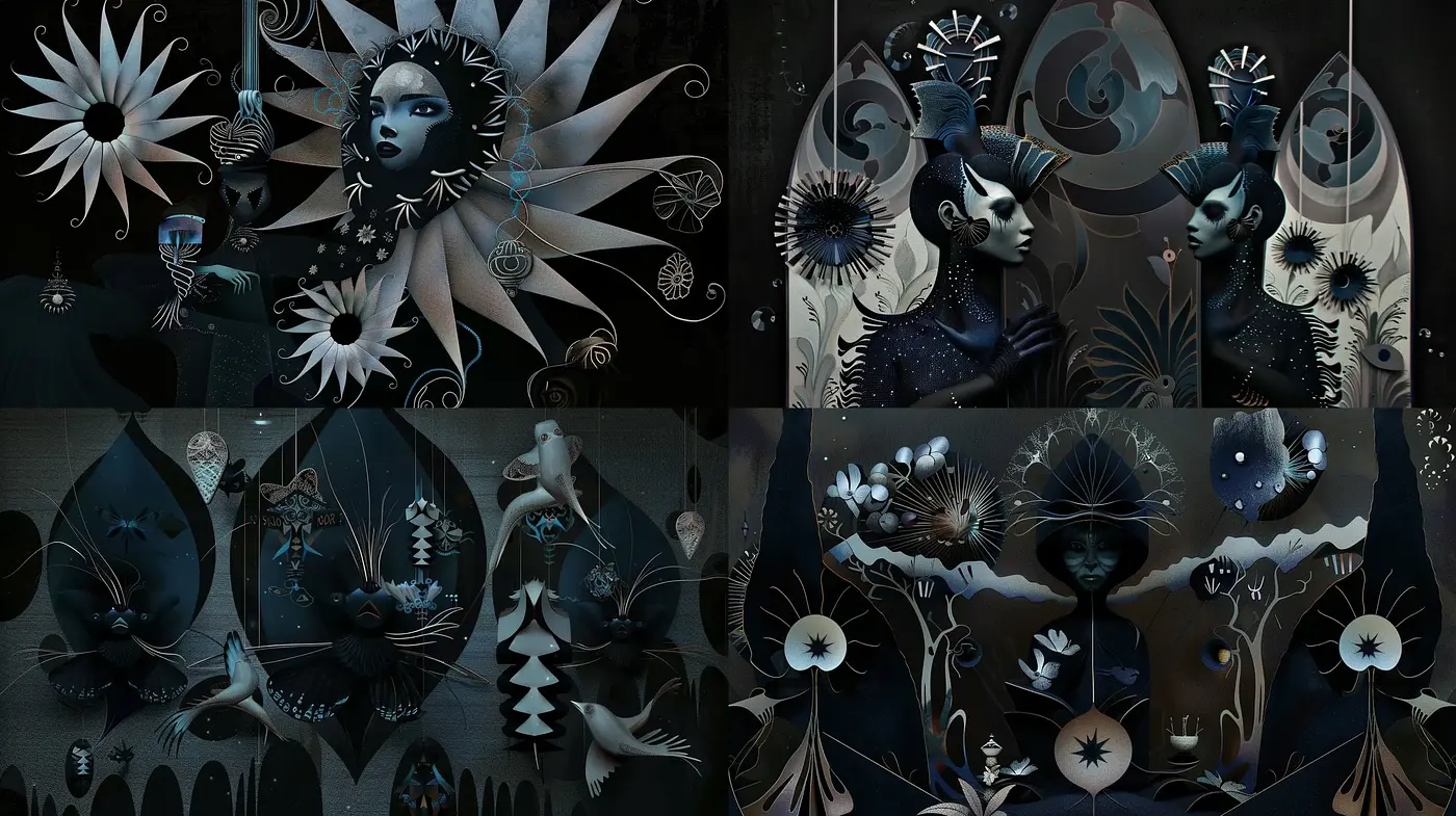 Midnight Botanical Dreamscape: A Fusion of Dark Surrealism and Floral Fantasy - Midjourney sref style
