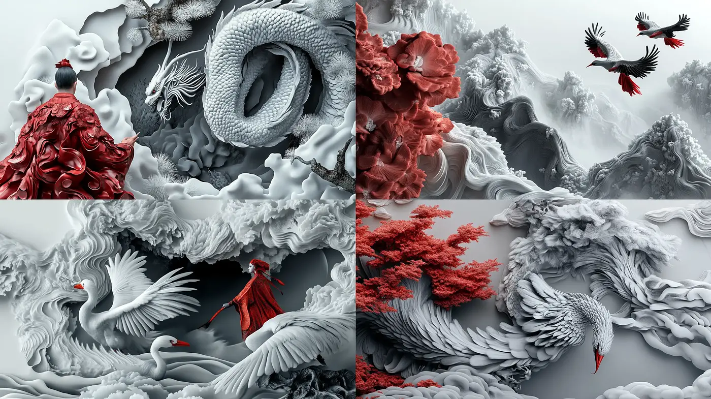 Ethereal Monochromatic Dreamscape with Splashes of Crimson - Midjourney sref style