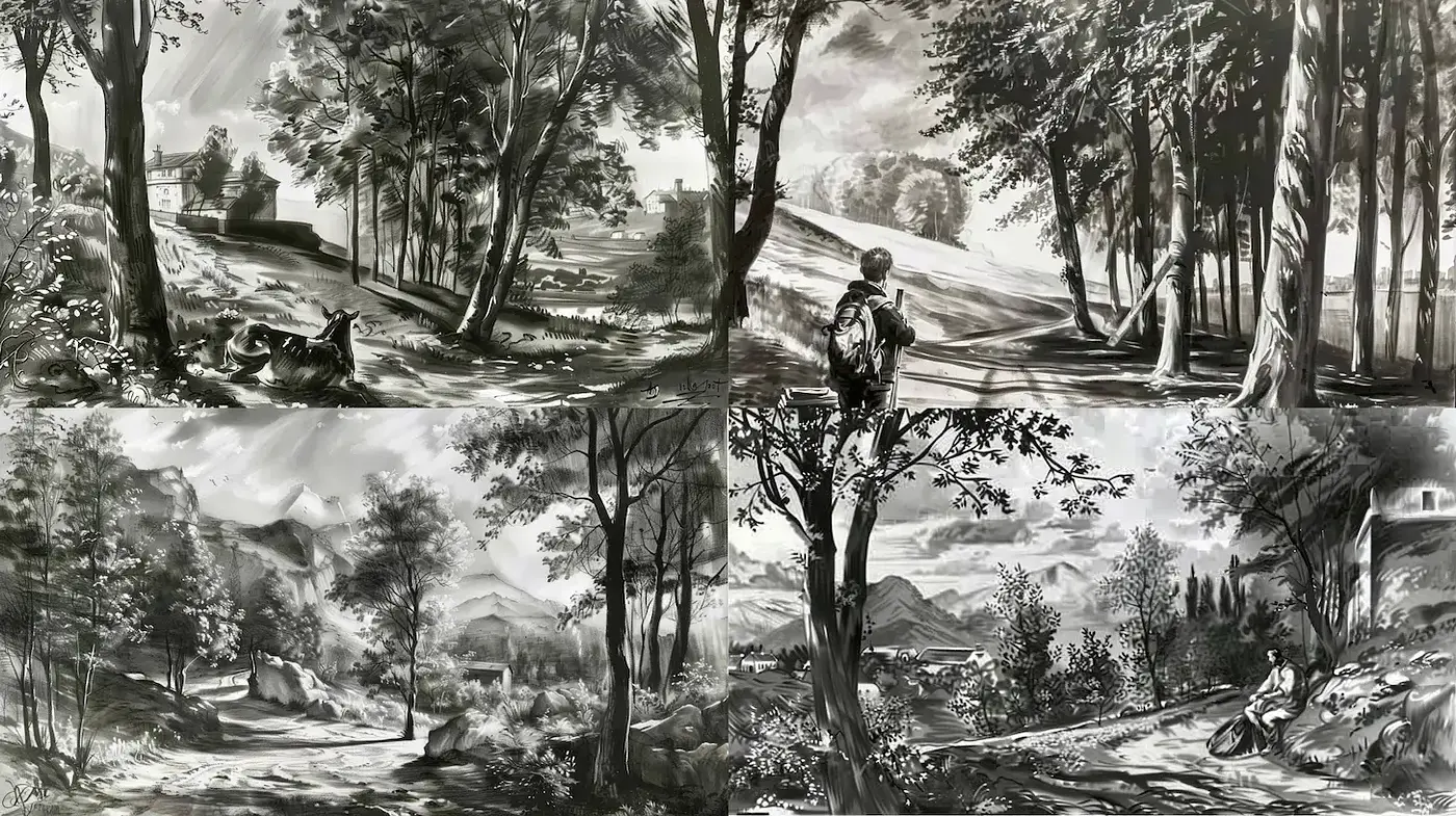 Monochromatic Landscapes with a Captivating Vintage Essence - Midjourney sref style