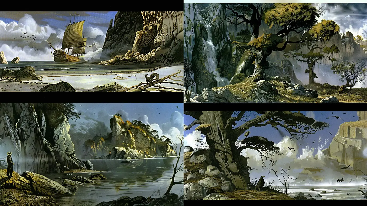 Ethereal Landscapes of Somber Elegance and Tranquil Decay - Midjourney sref style