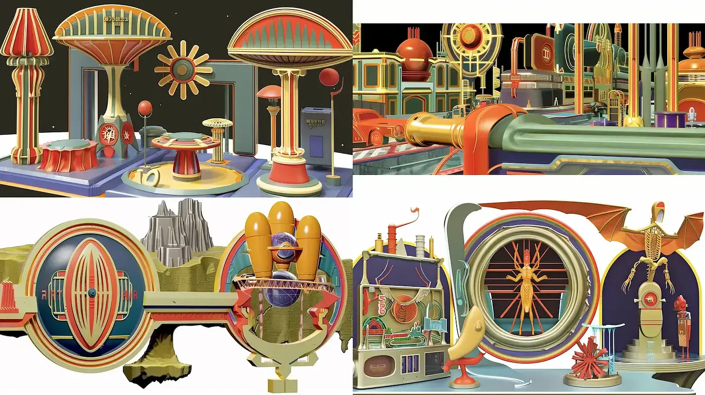 Futuristic Art Deco Environments with a Retro Aesthetic - Midjourney sref style