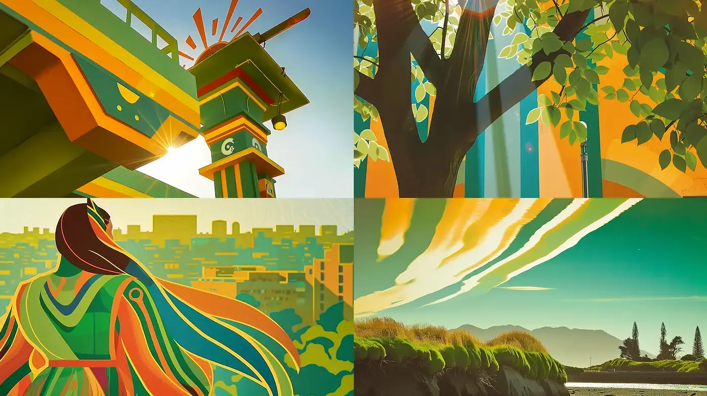 Vibrant and stylized landscapes with a warm, graphic aesthetic - Midjourney sref style