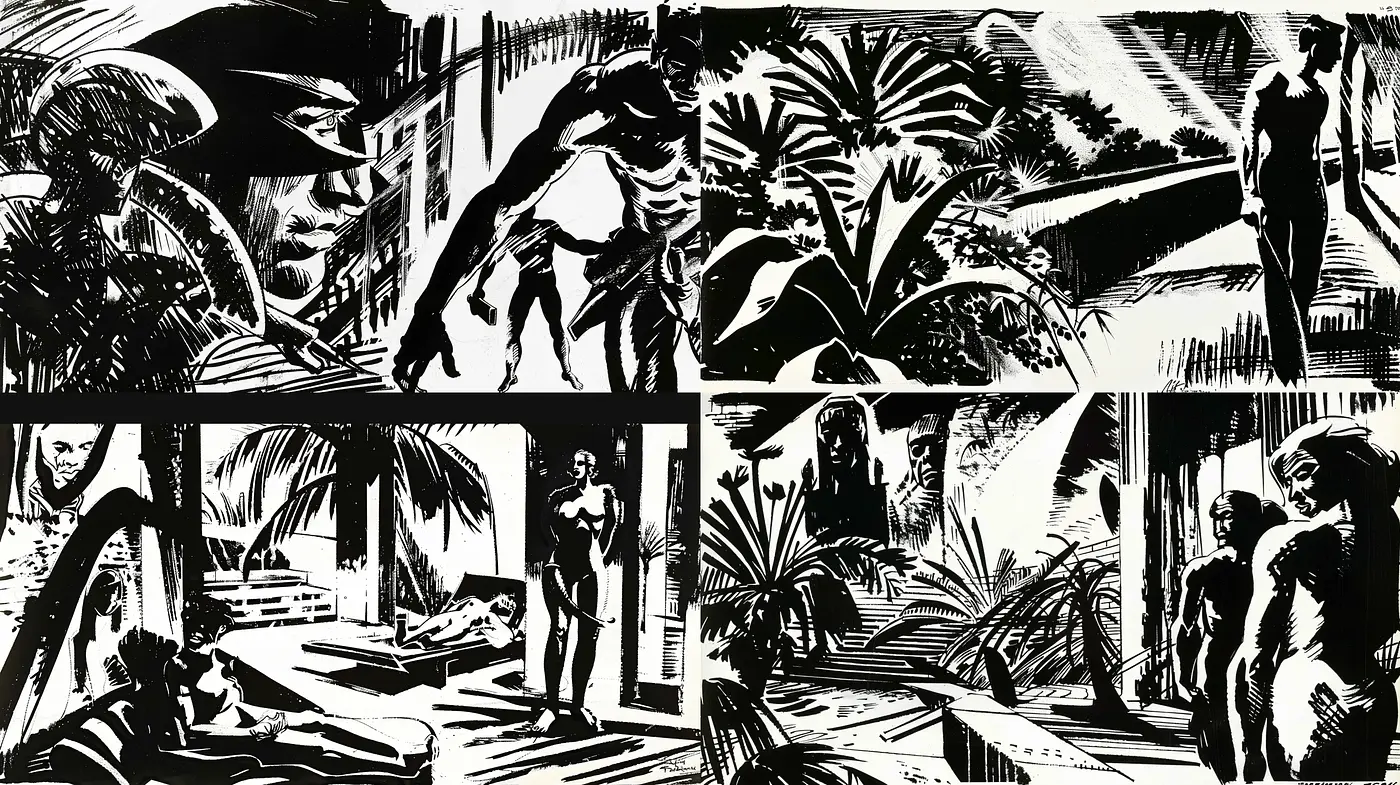 Monochromatic Graphic Novel Artistry - Midjourney sref style