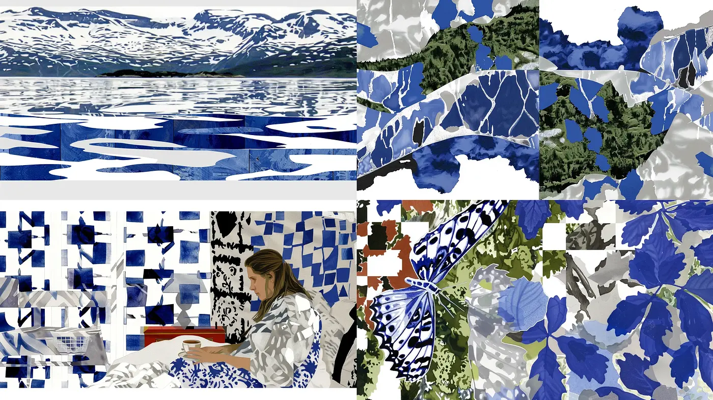 Fragmented Nature: A Digital Mosaic of Blues and Botanicals - Midjourney sref style