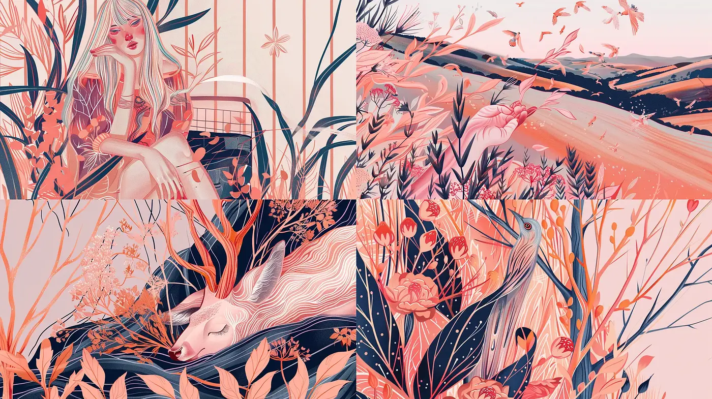 Serene Pastel Dreamscape with Florals and Fauna - Midjourney sref style