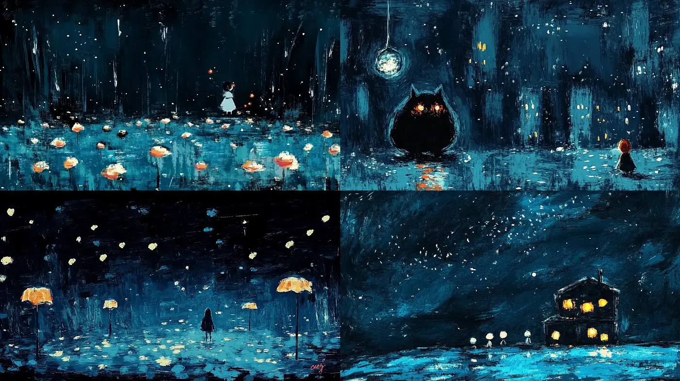 Enigmatic Nocturnal Dreamscape: A Fusion of Cosmic Whimsy and Impressionist Depth - Midjourney sref style
