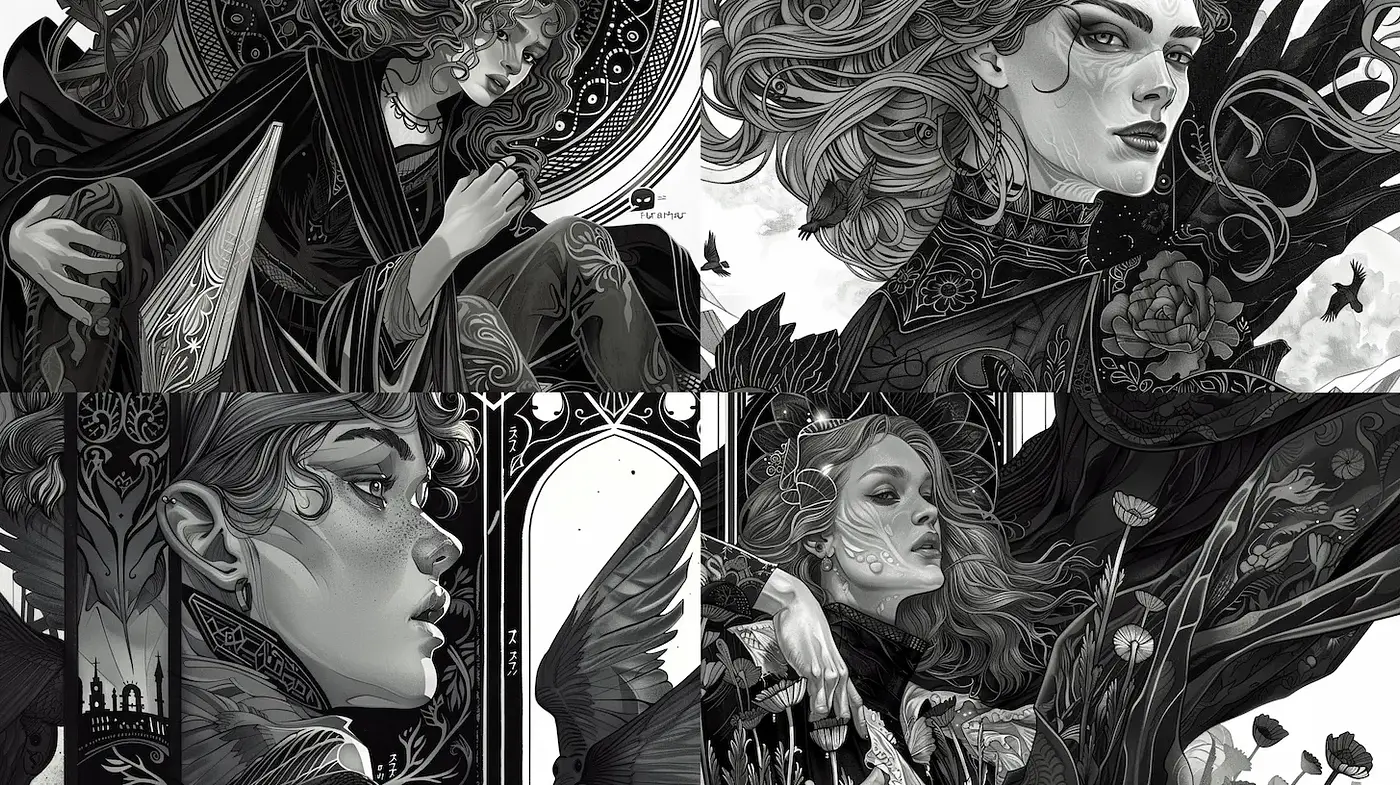 Elegant and Intricate Black and White Illustrations with Mystical Elements - Midjourney sref style