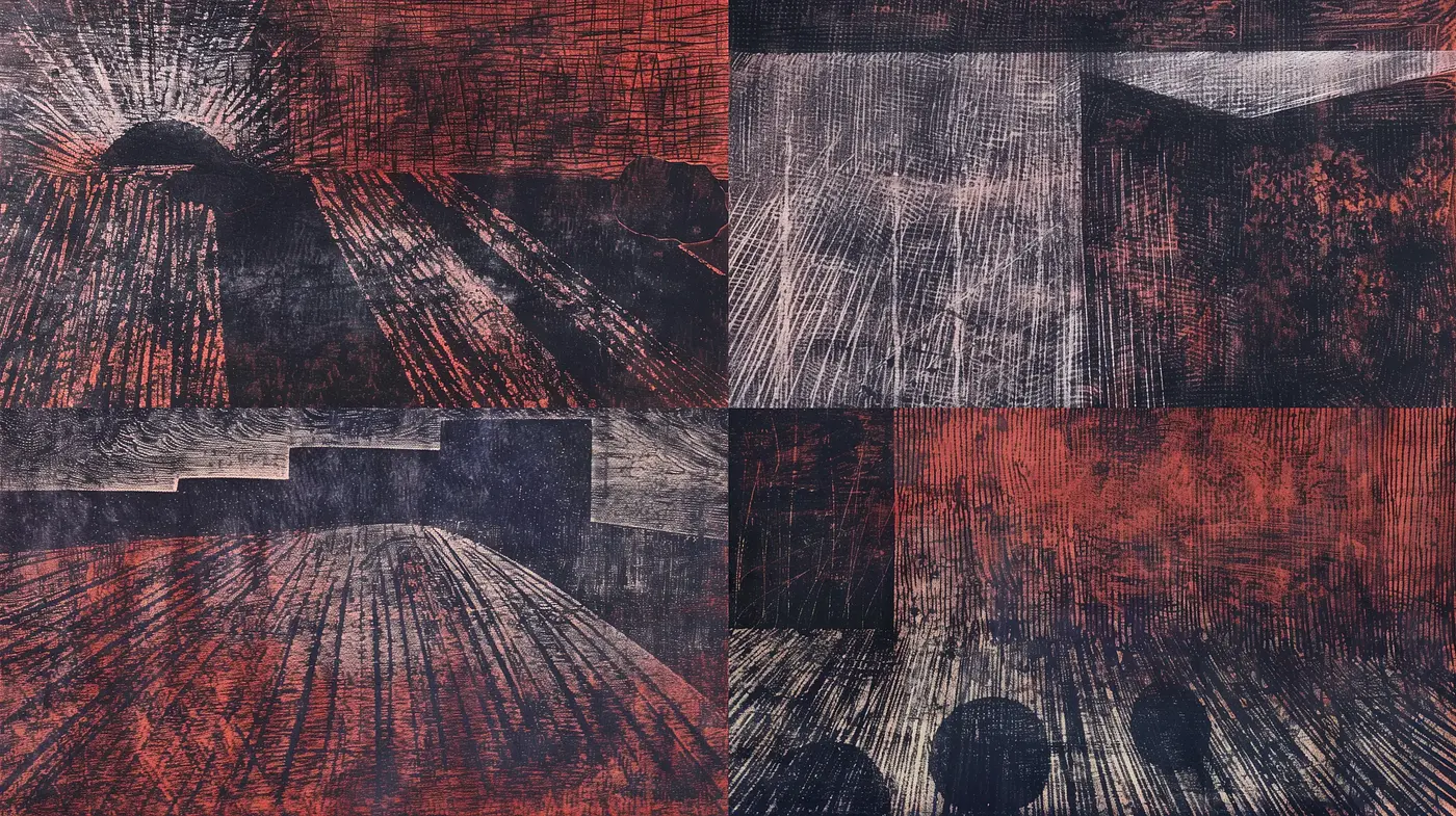Abstract Etched Echoes in Crimson and Onyx - Midjourney sref style