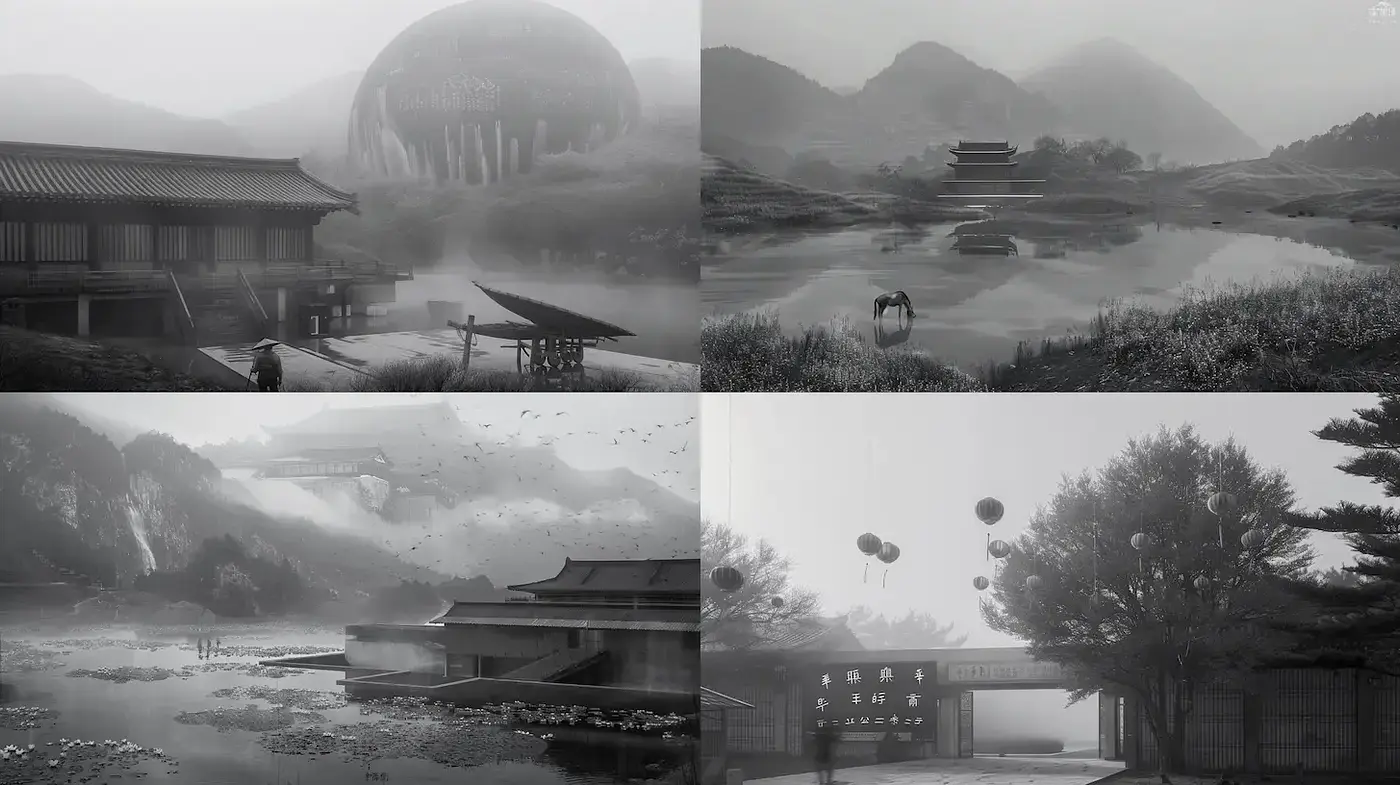 Monochromatic Ethereal Landscapes with a Blend of Tradition and Futurism - Midjourney sref style