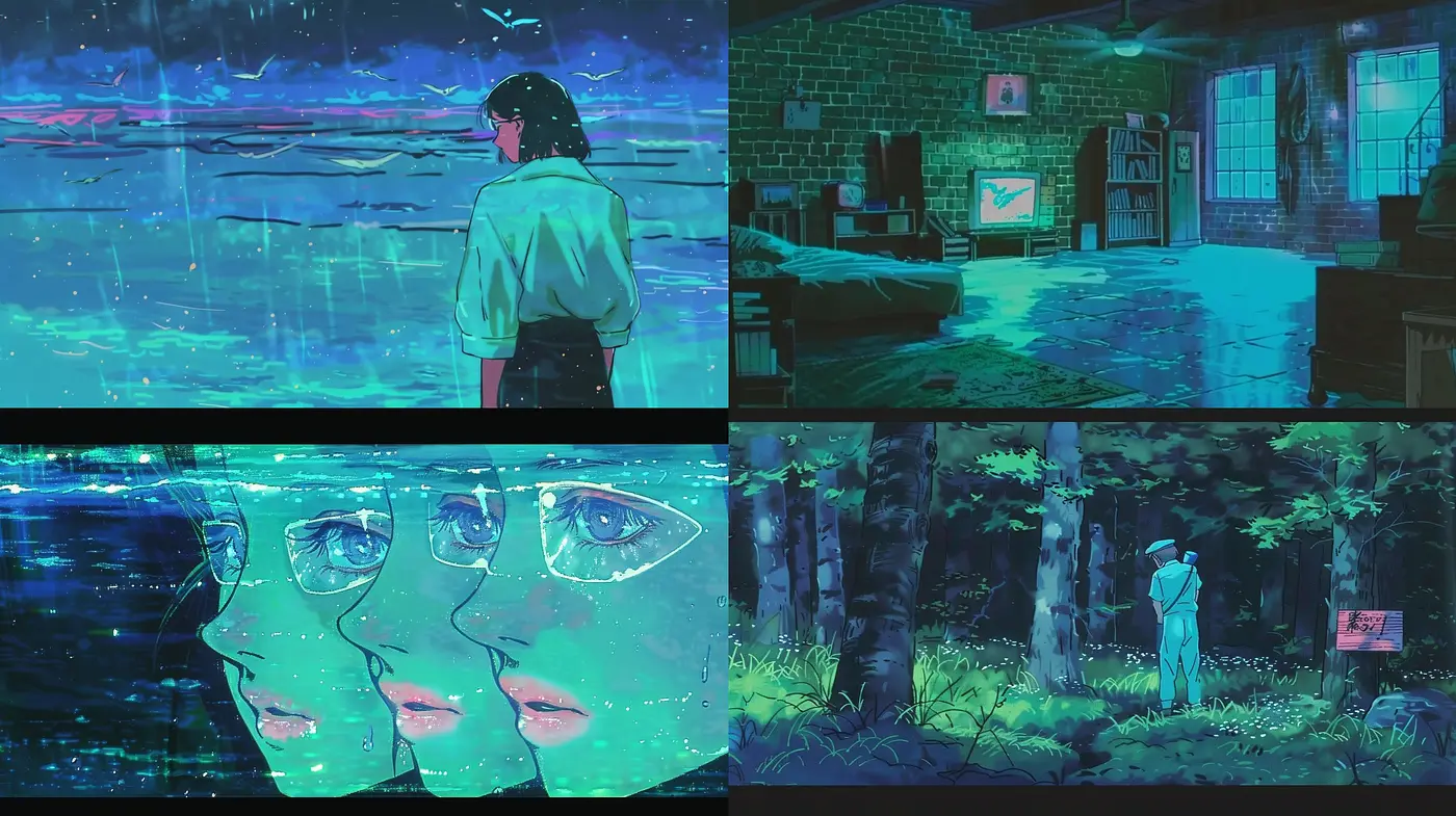 Neon-Noir Retro Anime Style with Vibrant Cybertones - Midjourney sref style
