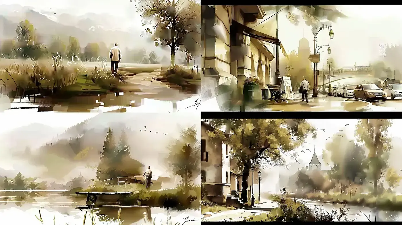 Softly rendered landscapes with an impressionistic touch and a serene ambiance - Midjourney sref style