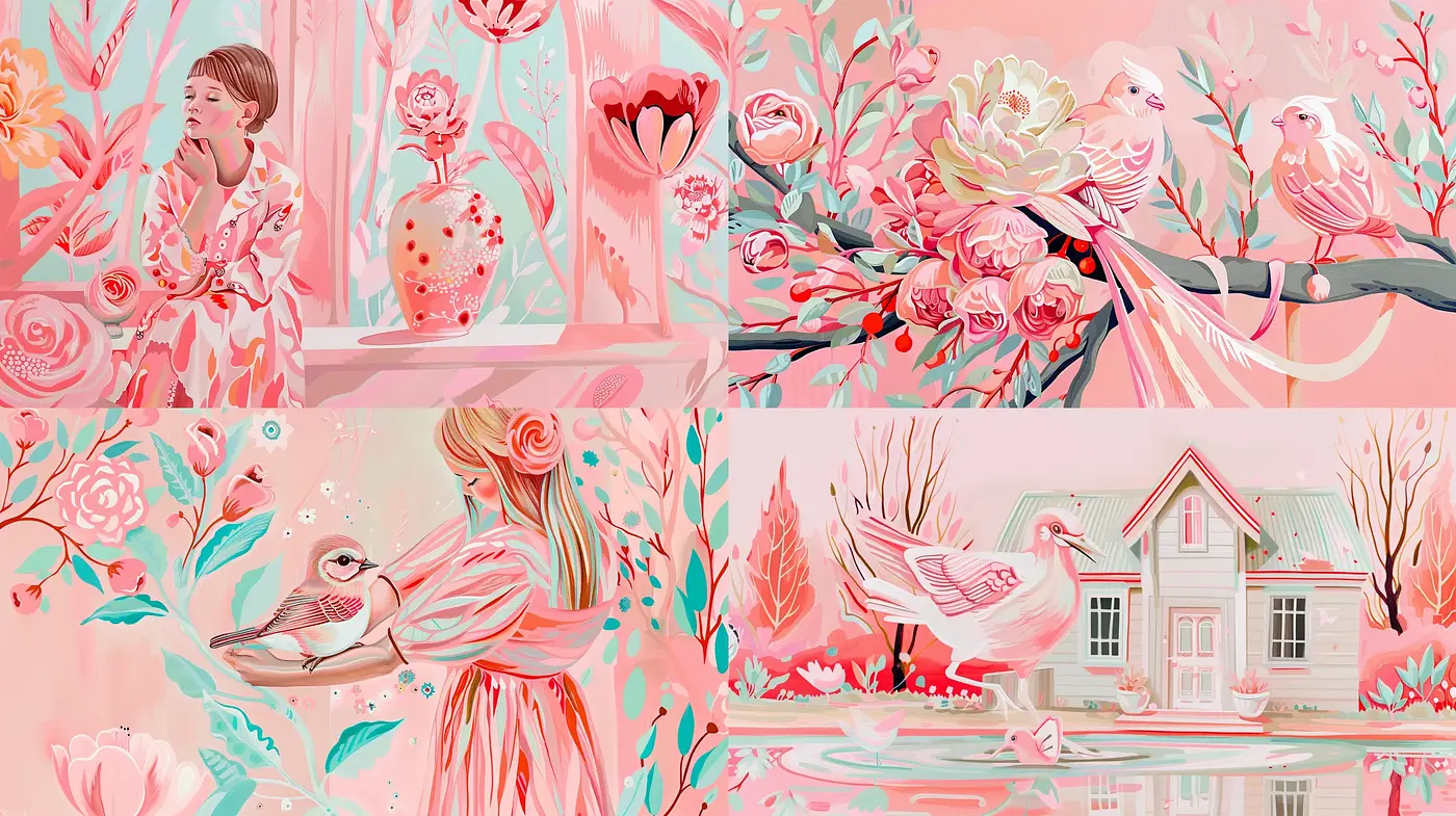 Roseate Hues and Ephemeral Whimsy: A Dreamlike Fusion of Nature and Serenity - Midjourney sref style