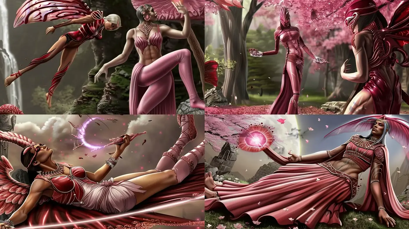 Ethereal Fantasy with Surrealist Touches in a Pink-Toned Dreamscape - Midjourney sref style