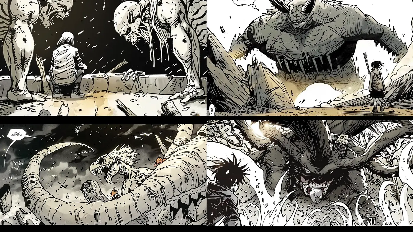 Gritty Monochromatic Mythos: A Homage to Dark Comic Book Artistry - Midjourney sref style