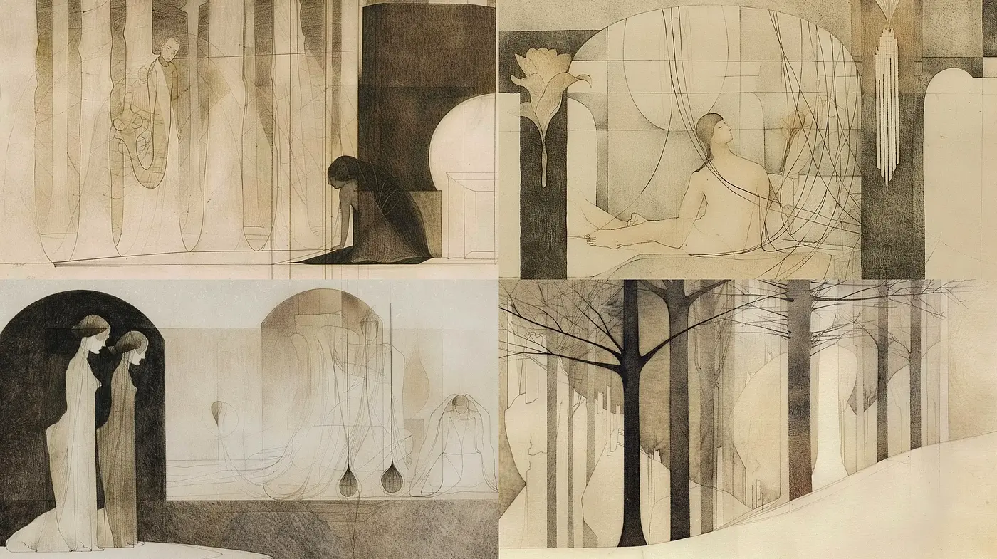 Ethereal Monochromatic Dreamscapes in Pencil and Wash - Midjourney sref style
