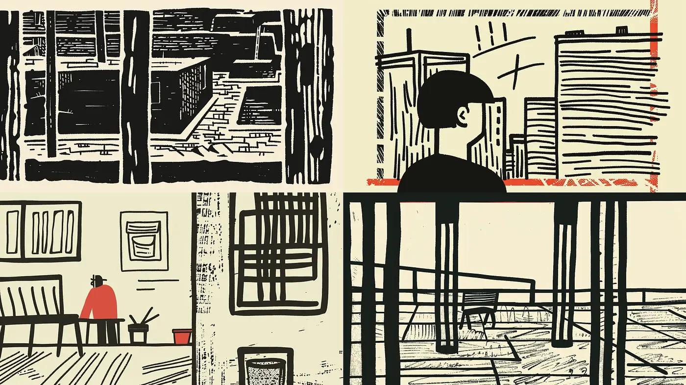 Modern Abstracted Vignettes with Bold Linework and Minimalist Color - Midjourney sref style