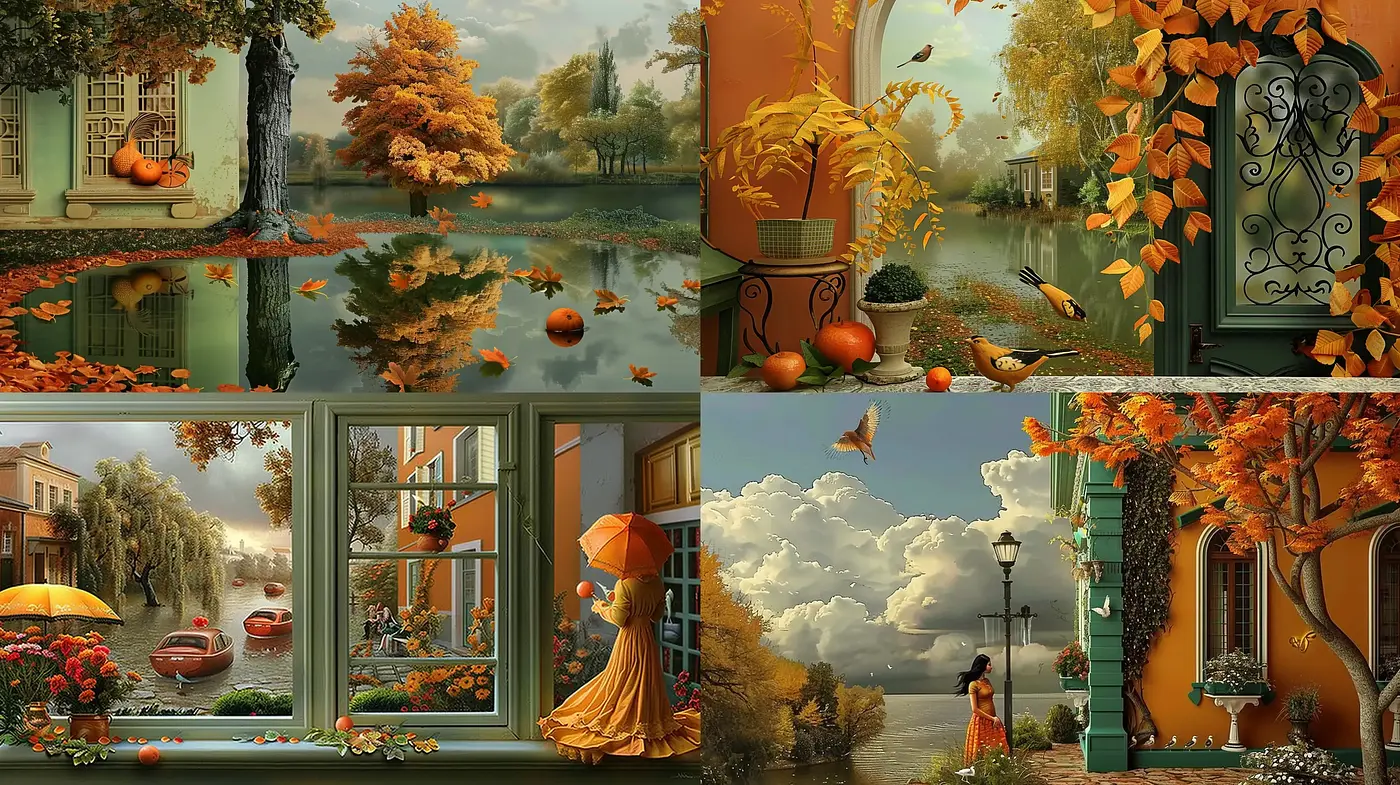 Autumnal Elegance in Surrealist Hues with a Whimsical Twist - Midjourney sref style