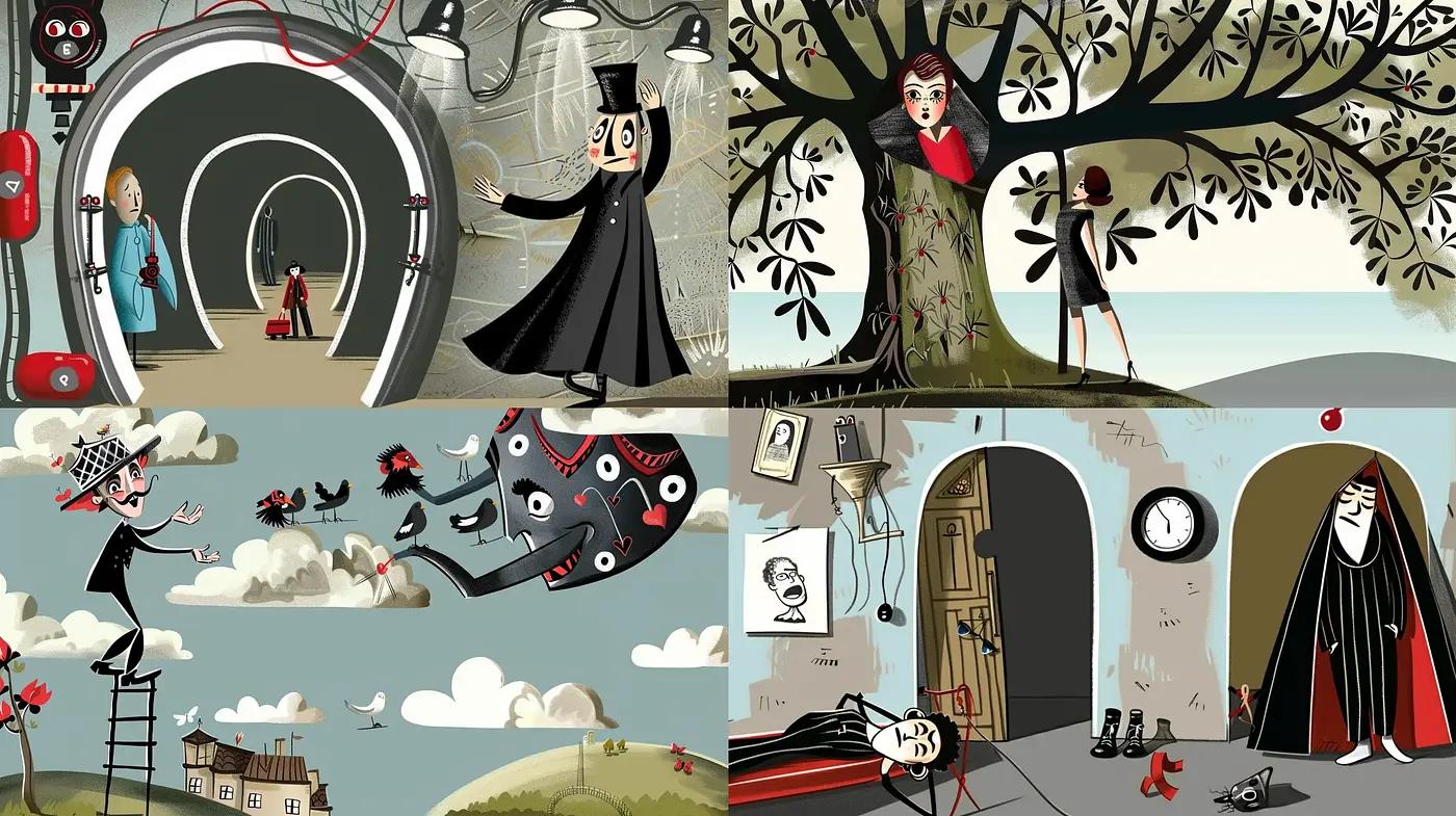 Surreal Whimsy in Monochrome and Bursts of Crimson - Midjourney sref style