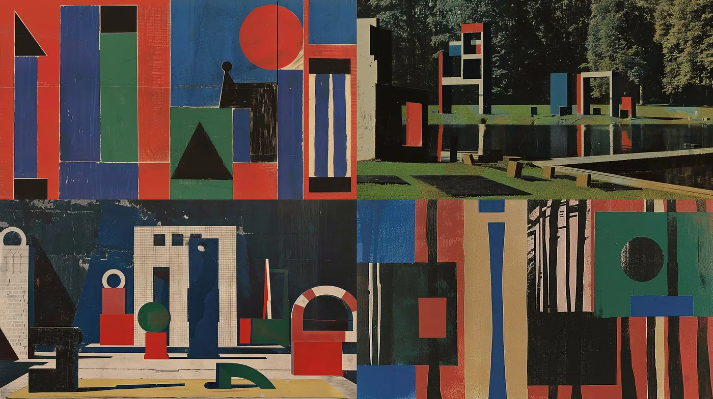 Abstract Modernist Mélange: A Homage to Geometric Precision and Bold Chromatic Expression - Midjourney sref style