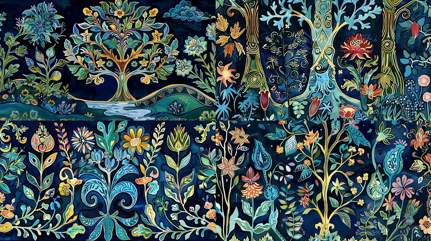 Mystical Nocturnal Garden Tapestry - Midjourney sref style