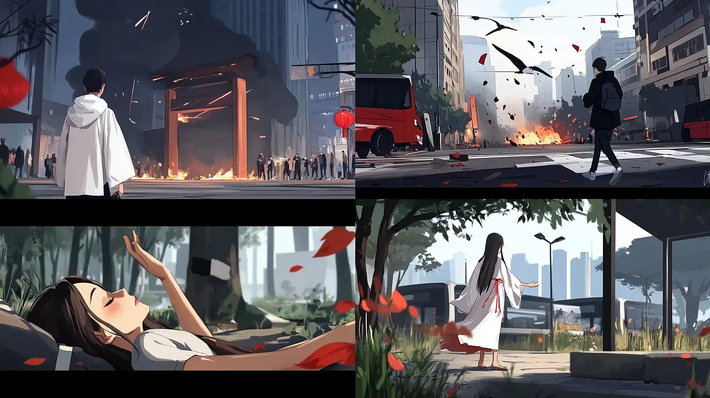 Serenity Amidst Urban Chaos: A Contemporary Digital Art Exhibition - Midjourney sref style
