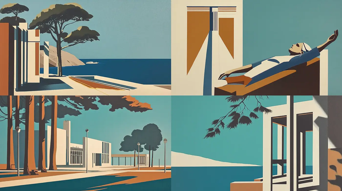 Serene Mid-Century Modern Illustrative Fusion - Midjourney sref style