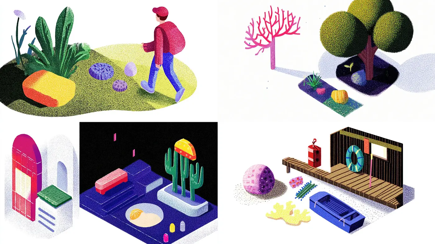 Harmonized Whimsy: A Fusion of Contemporary Illustration with Textured Details - Midjourney sref style