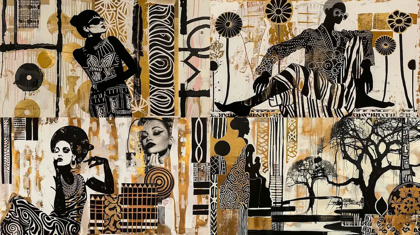 Elegant and Artistic Fusion of Monochrome and Gold with Geometric Motifs - Midjourney sref style