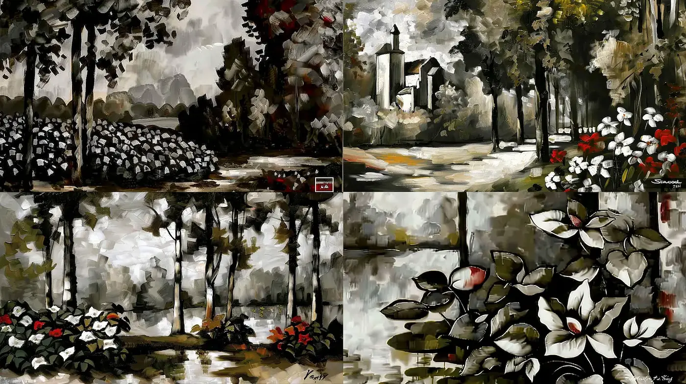 Serene Landscapes with Bold Floral Accents in a Textured Palette - Midjourney sref style