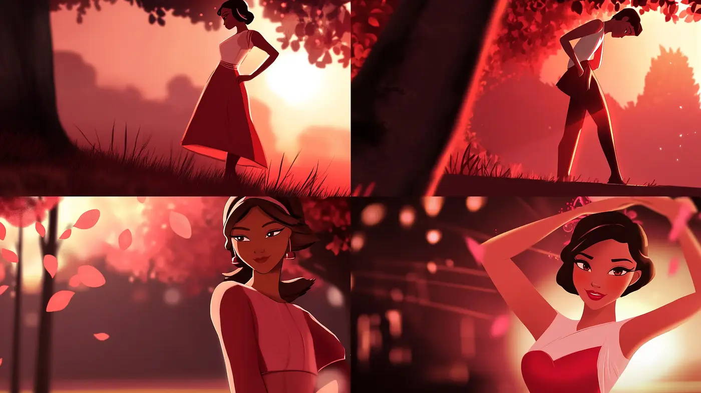 Sunset Silhouettes and Ruby Tones: A Consistent Warmth in Animated Style - Midjourney sref style
