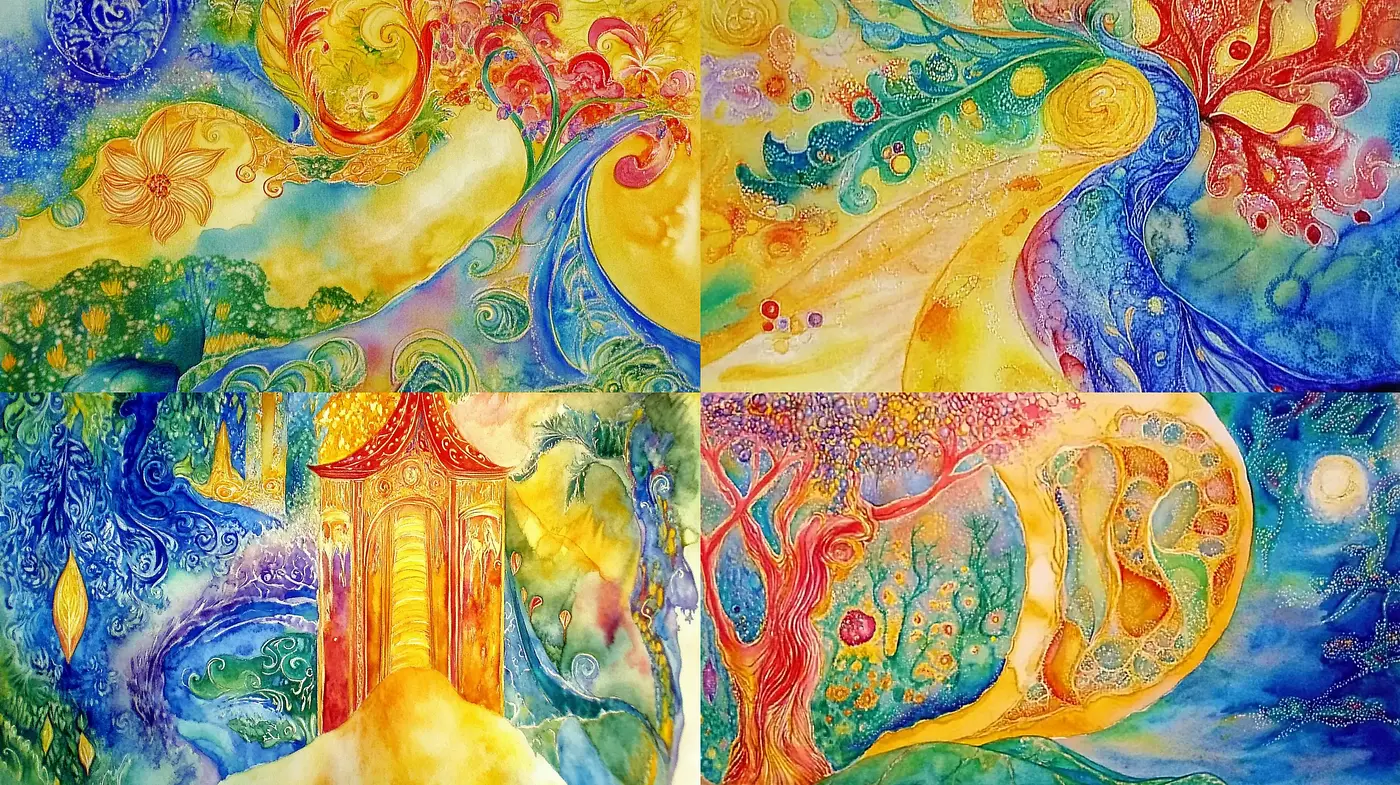 Psychedelic Whimsy: A Dreamscape of Vivid Color and Abstract Flow - Midjourney sref style