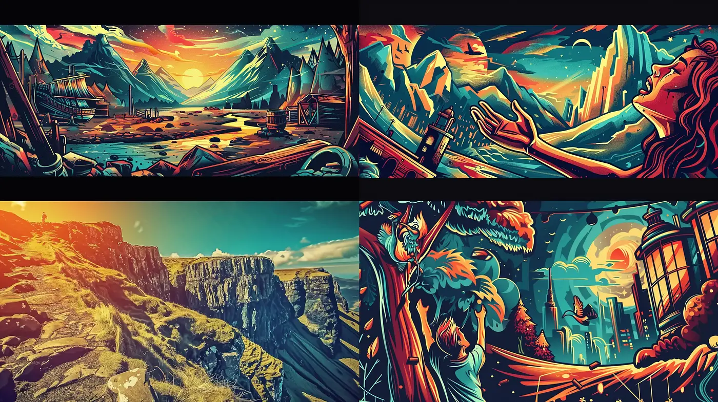 Ethereal Dreamscape Fusion with Vivid Contours and Intense Color Contrasts - Midjourney sref style