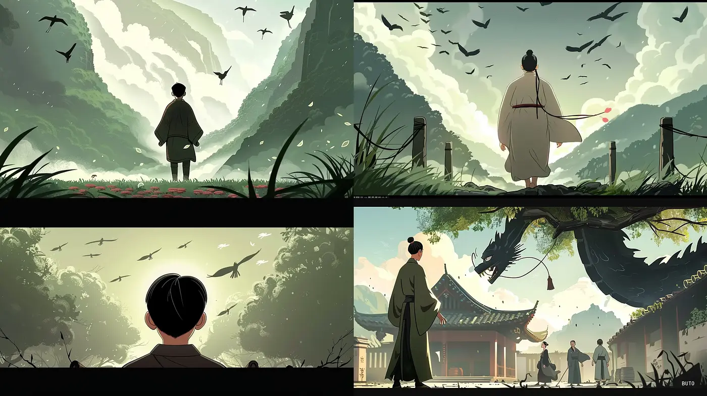 Serene Oriental Landscapes with Expressive Skies and Traditional Architecture - Midjourney sref style