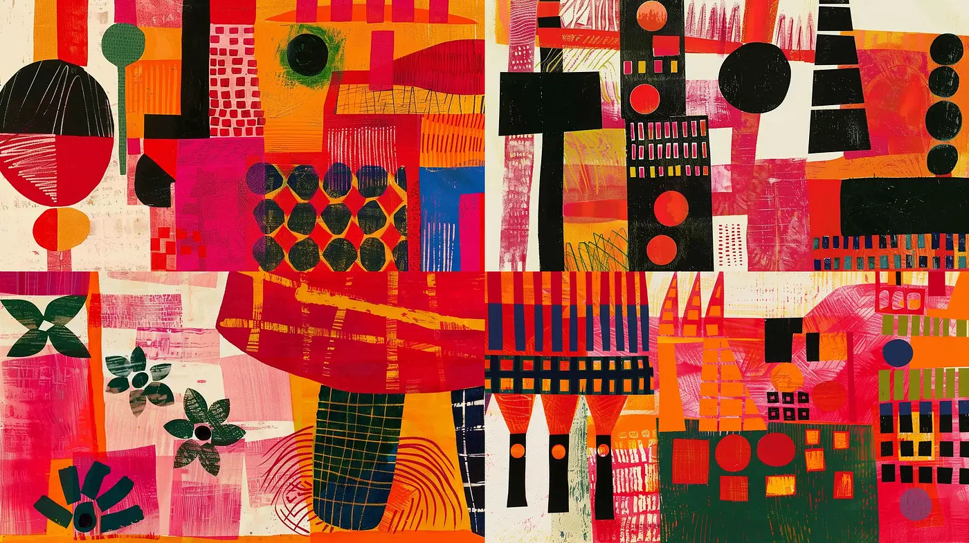 Abstract Geometric Collage with Bold Color Intensity - Midjourney sref style