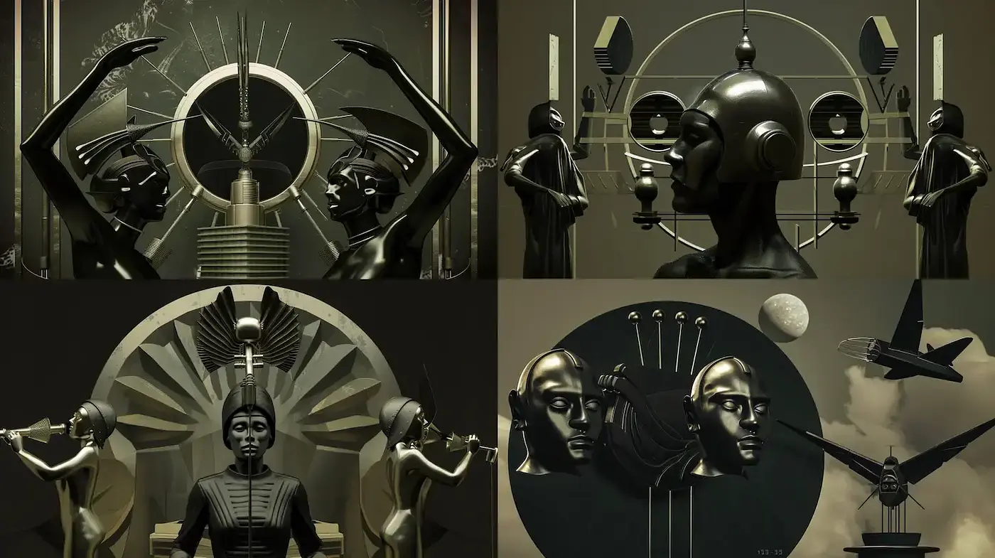 Futuristic Art Deco Synthesis With Monochromatic Harmony - Midjourney sref style