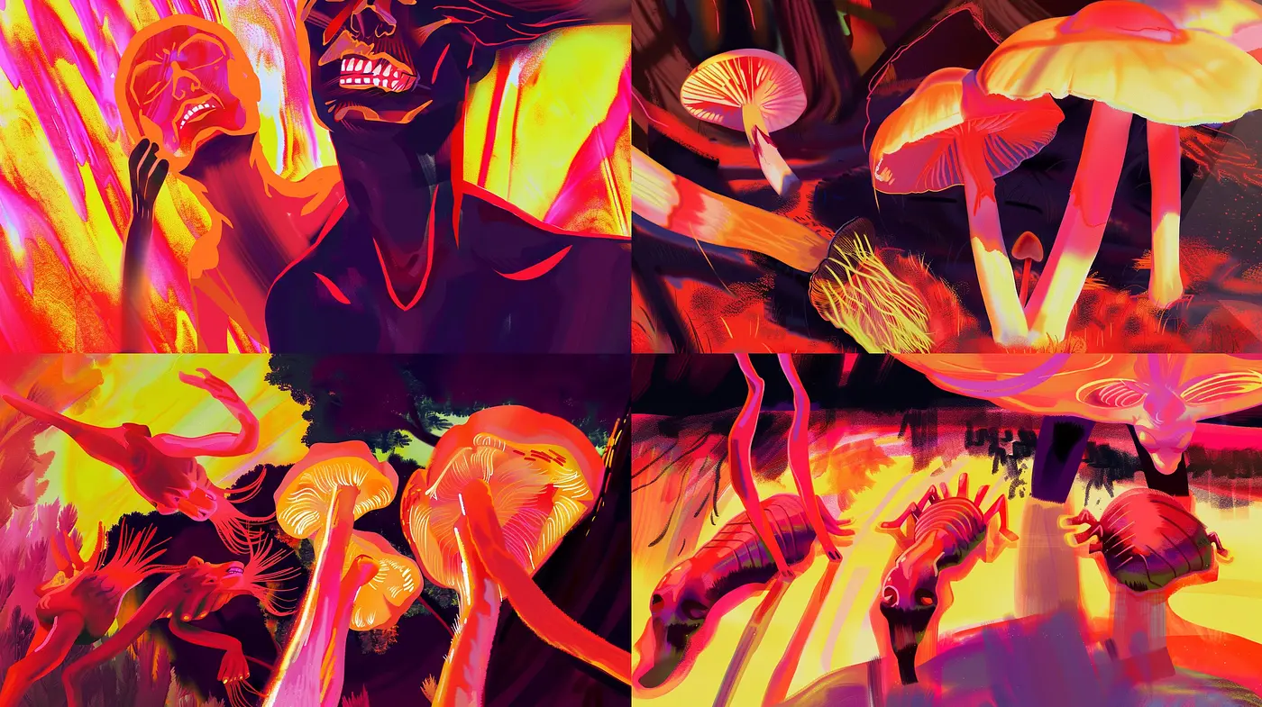 Fervent Hues and Abstract Forms: A Vivid Descent into Stylized Dreamscapes - Midjourney sref style