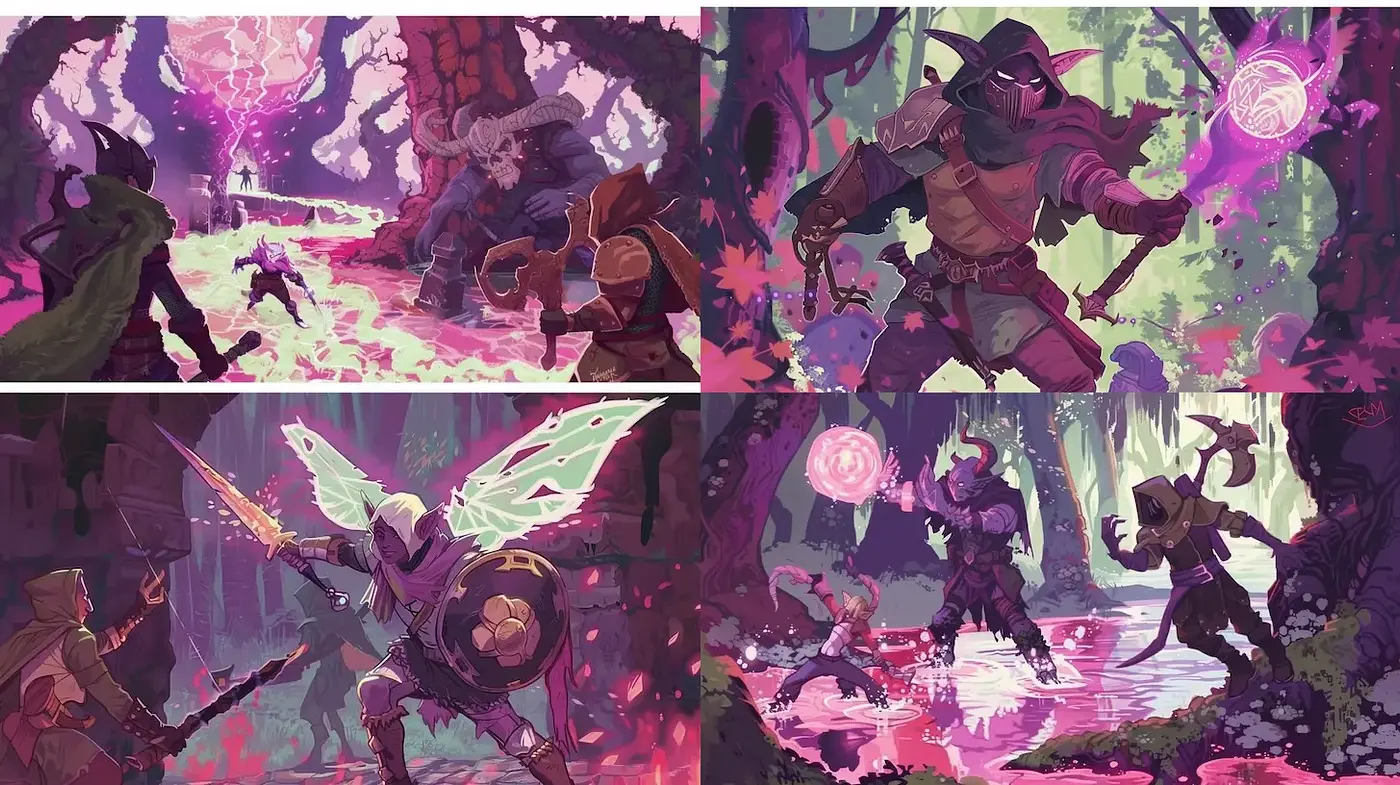 Enchanting Fantasy Adventure Art with Rich Color Dynamics and Fluid Textures - Midjourney sref style