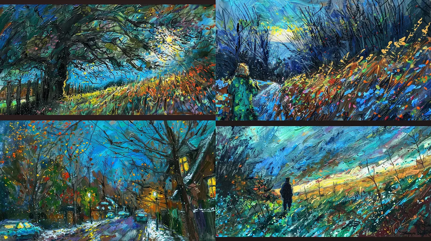 Dynamic Brushwork and Vivid Impasto Landscape Impressions - Midjourney sref style