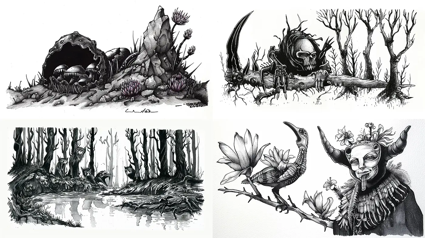 Monochromatic Fantasia of Whimsical Storybook Illustrations - Midjourney sref style