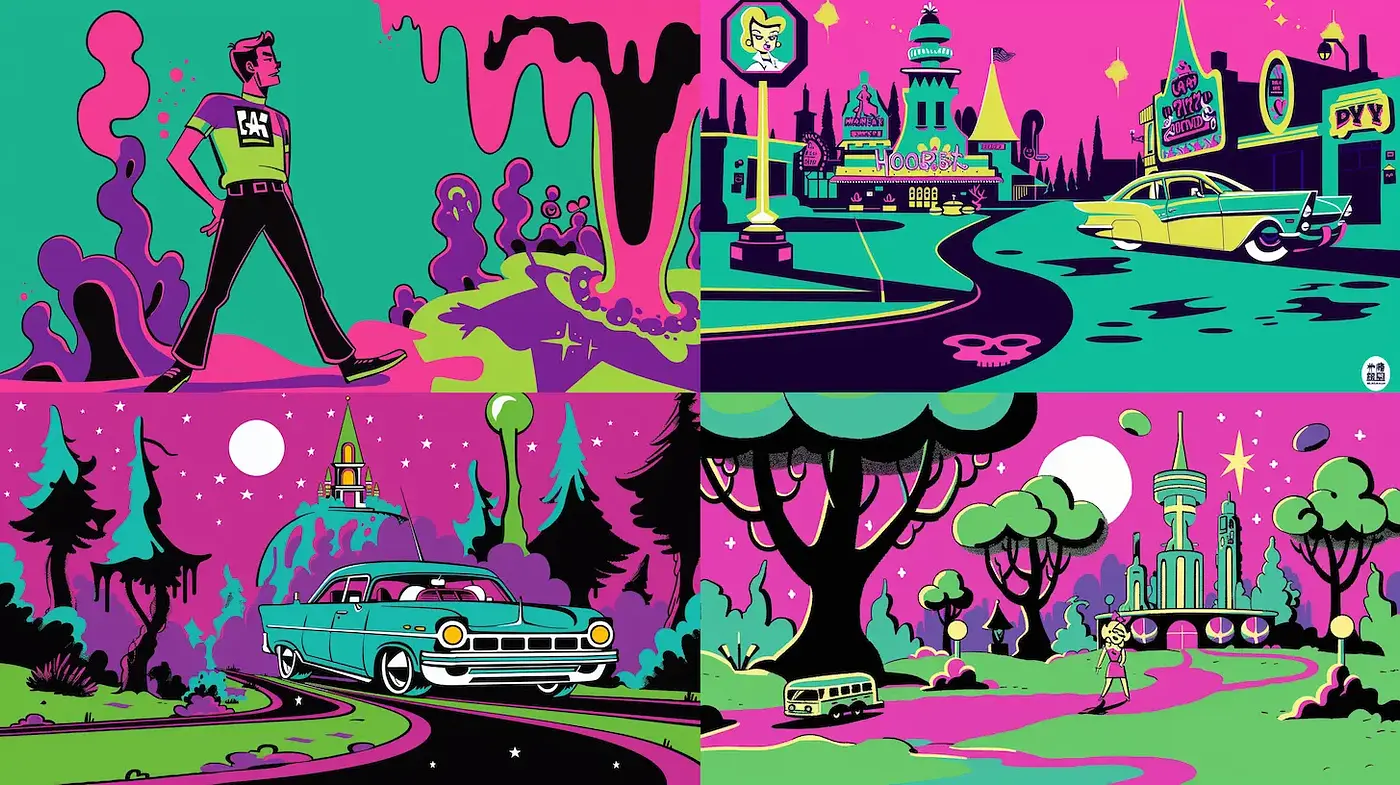 Vibrant Retro-Futuristic Illustrations with a Playful Aesthetic - Midjourney sref style