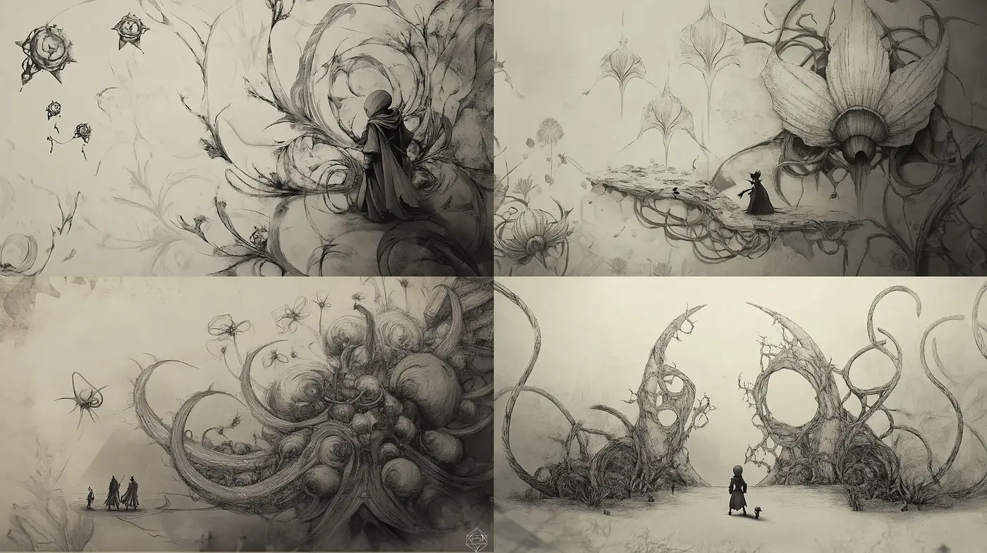 Whimsical Monochromatic Dreamscape Illustrations - Midjourney sref style